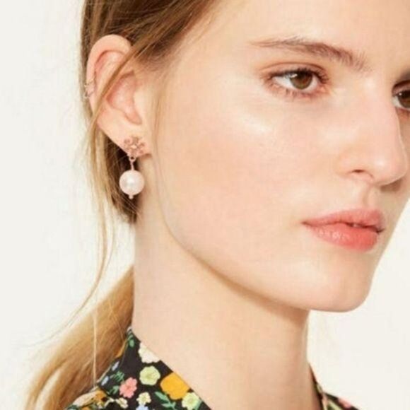 Tory Burch Logo Pearl Drop Rose Gold Tone Earrings - Picture 1 of 8